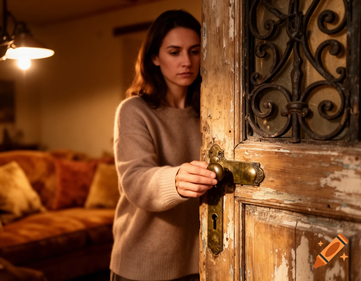 A woman in a beige sweater closes an old wooden door with an ornate metal design in a dimly lit room.