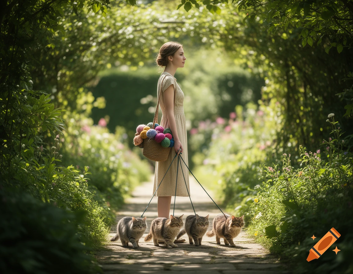A woman walks four cats on leashes along a sunny garden path, carrying a basket of colorful yarn.