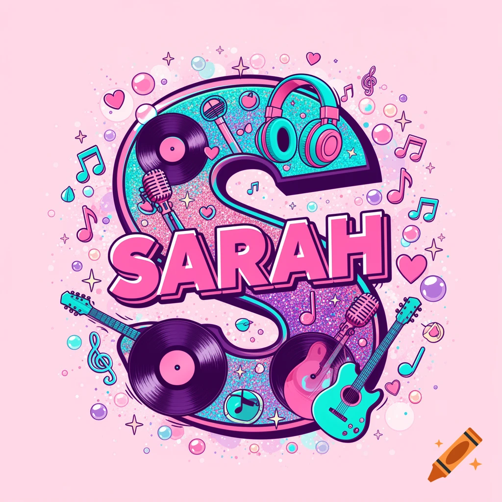 A vibrant pop art illustration of a large letter 'S' filled with musical instruments, glitter, hearts, and the name 'SARAH' in pink, turquoise, and purple.