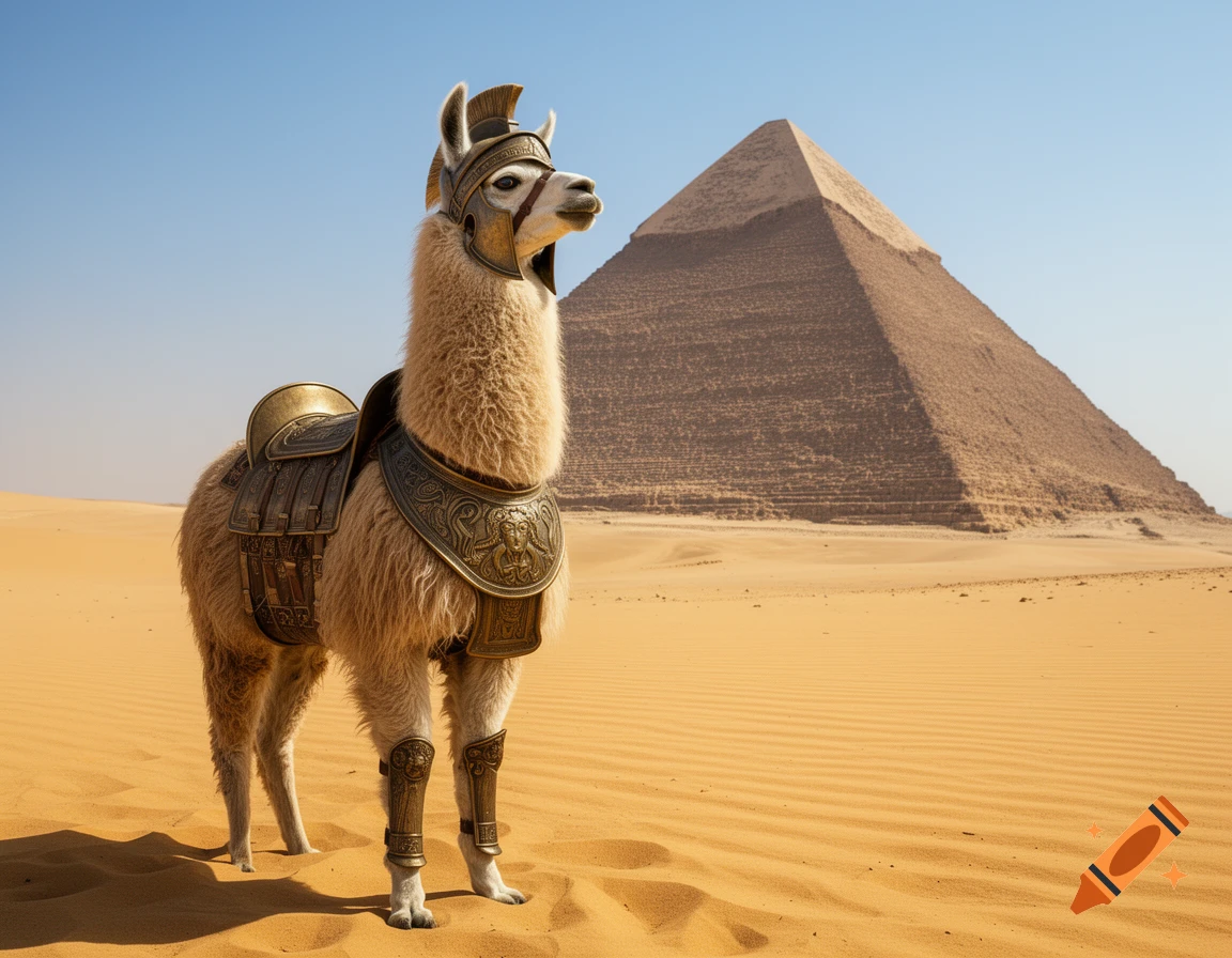 A photorealistic llama in ornate Spartan armor and helmet stands in a desert with a pyramid in the background.
