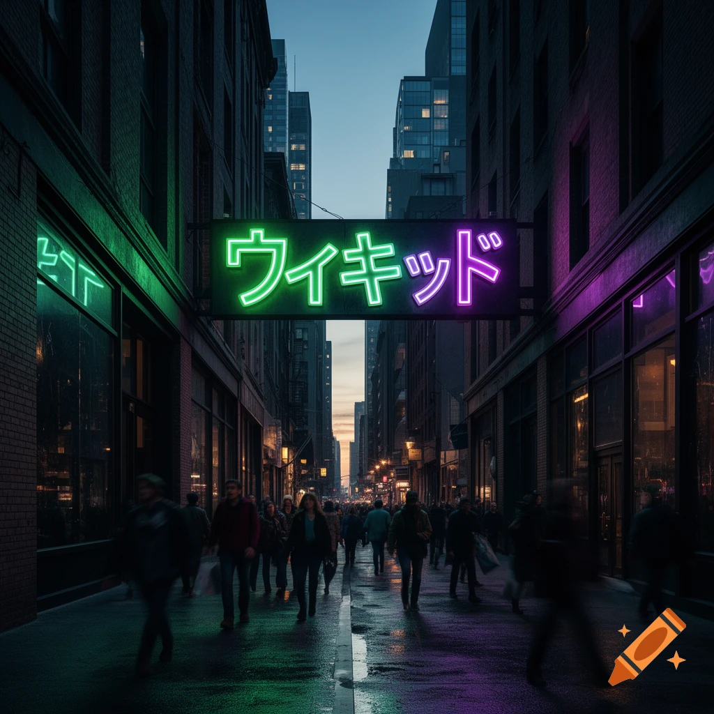 A busy city street at dusk, lined with tall buildings and a prominent green and purple neon sign displaying Japanese text, with blurred pedestrians walking on the wet pavement.