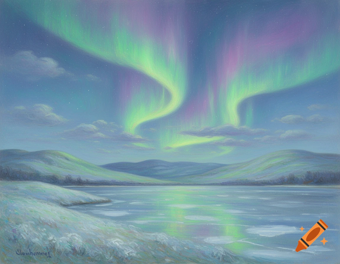 Monet style painting of an icy landscape with vibrant green and purple aurora borealis above a frozen lake and snow-covered hills.