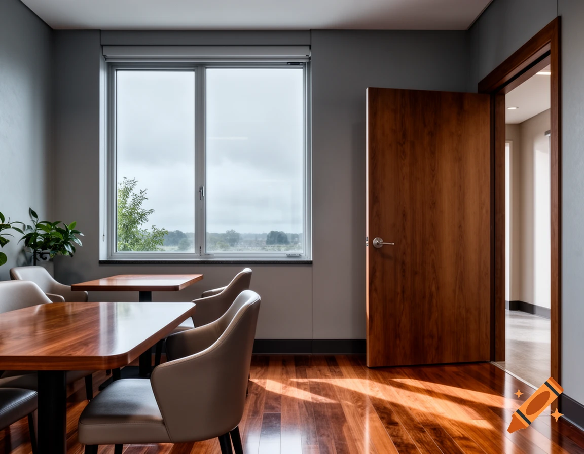 Modern lounge with wooden tables, light chairs, a large window with outdoor view, and an ajar wooden door.