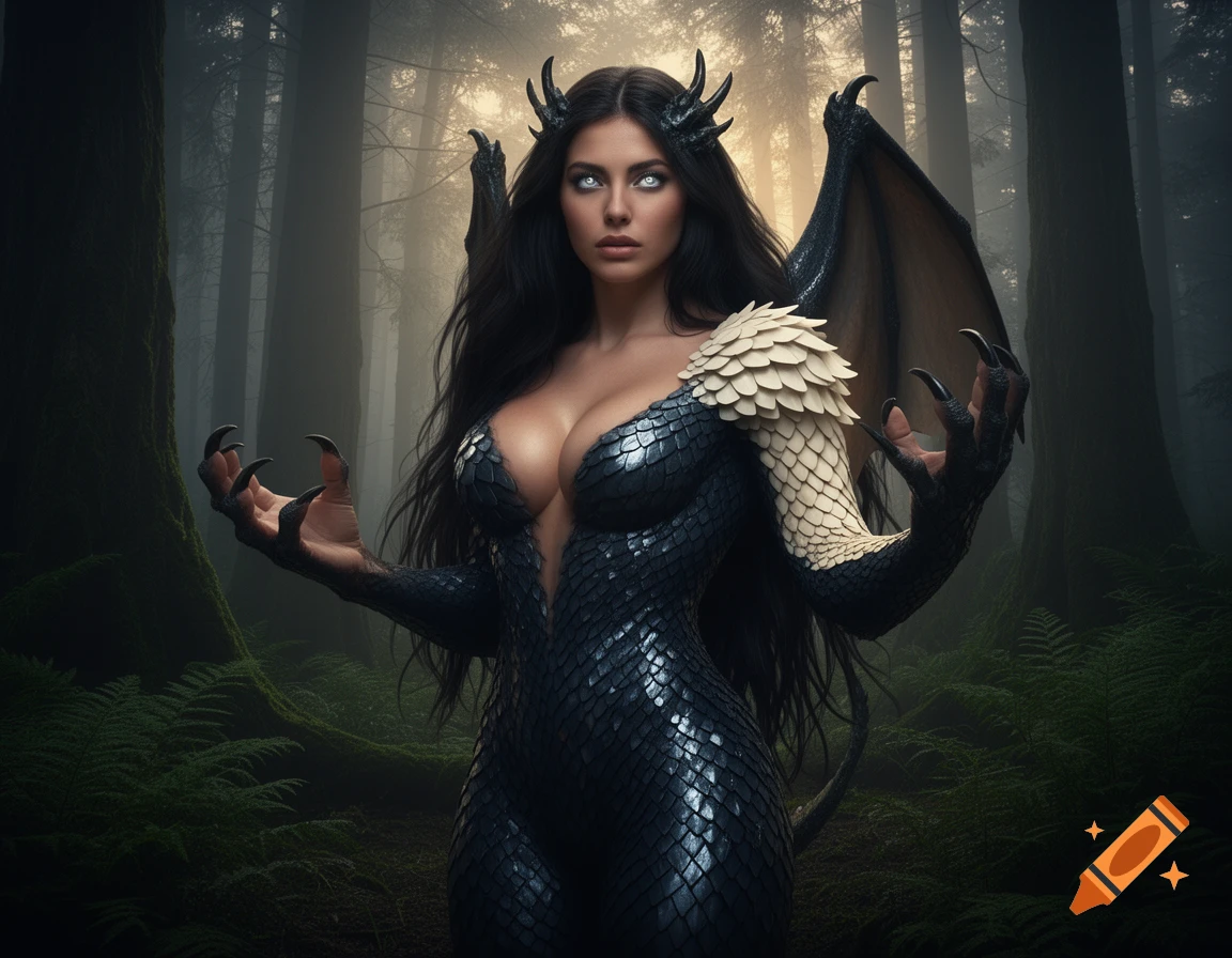 A dark-haired half-dragon woman with horns, bat wings, and scaled skin stands in a misty forest.