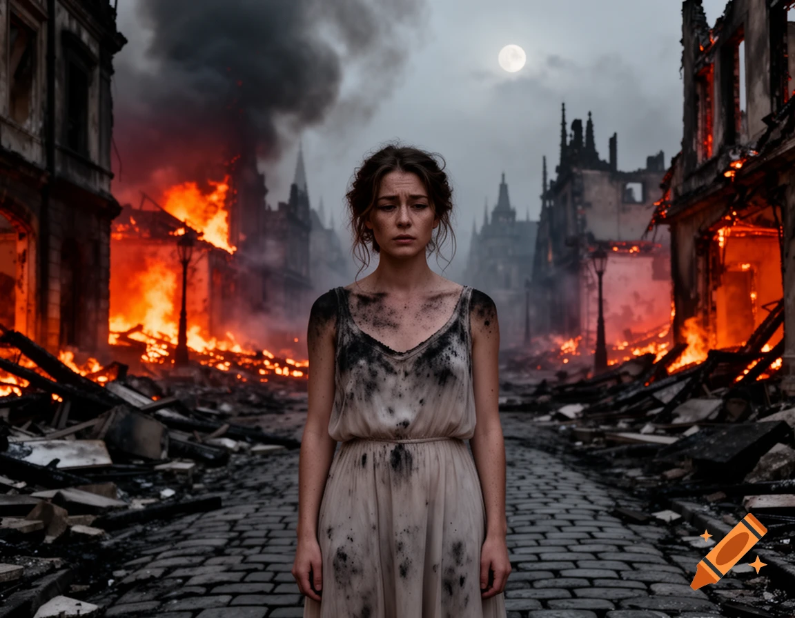 A sad woman, covered in soot, stands in a devastated, burning old city under a full moon at night, photorealistic.