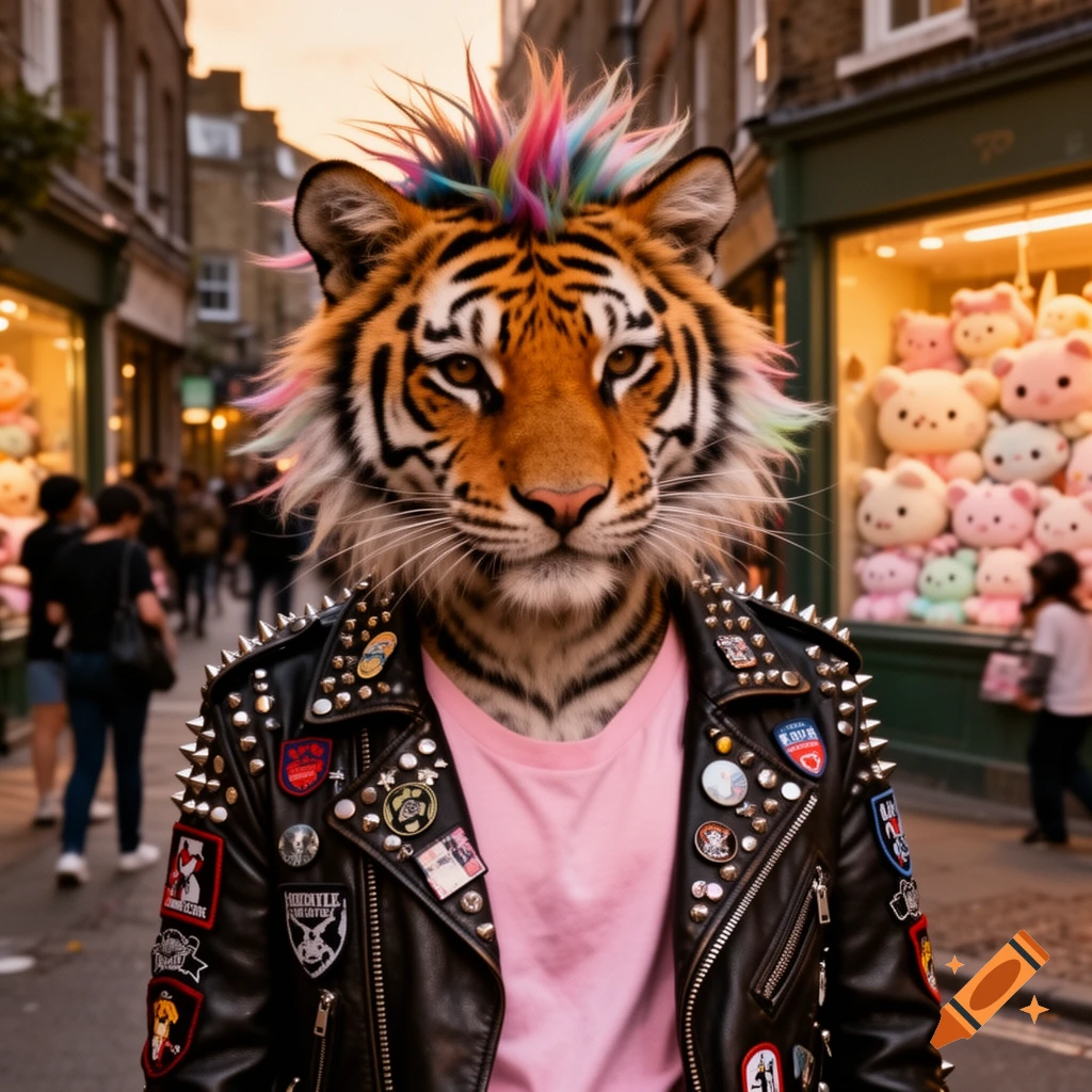 An anthropomorphic tiger with a rainbow punk mohawk wearing a studded leather jacket and pink shirt, standing on a bustling street.