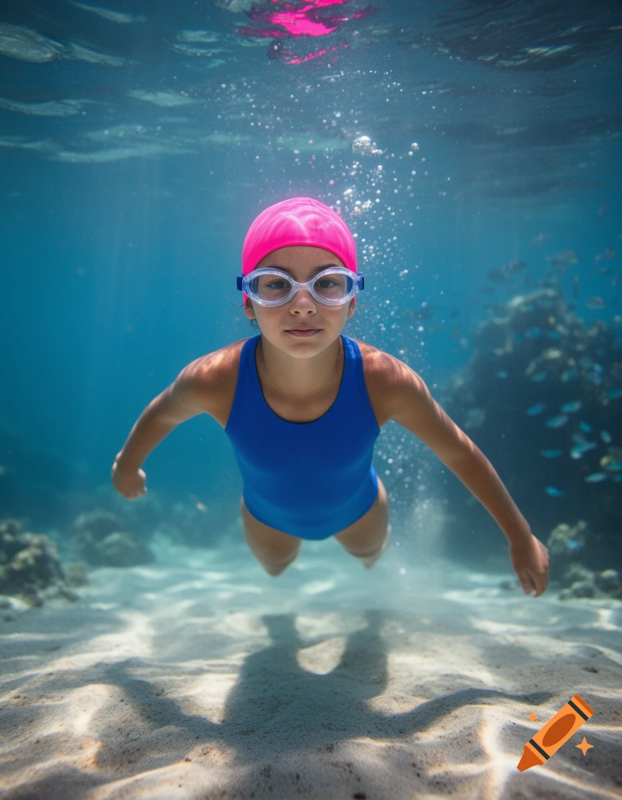 A young girl in a blue swimsuit, pink swim cap, and goggles swims underwater in clear blue water with sunlight rays hitting a sandy bottom.