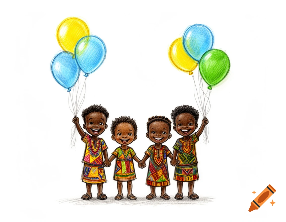 Four cheerful African children in colorful patterned clothes hold hands and brightly colored balloons against a white background.