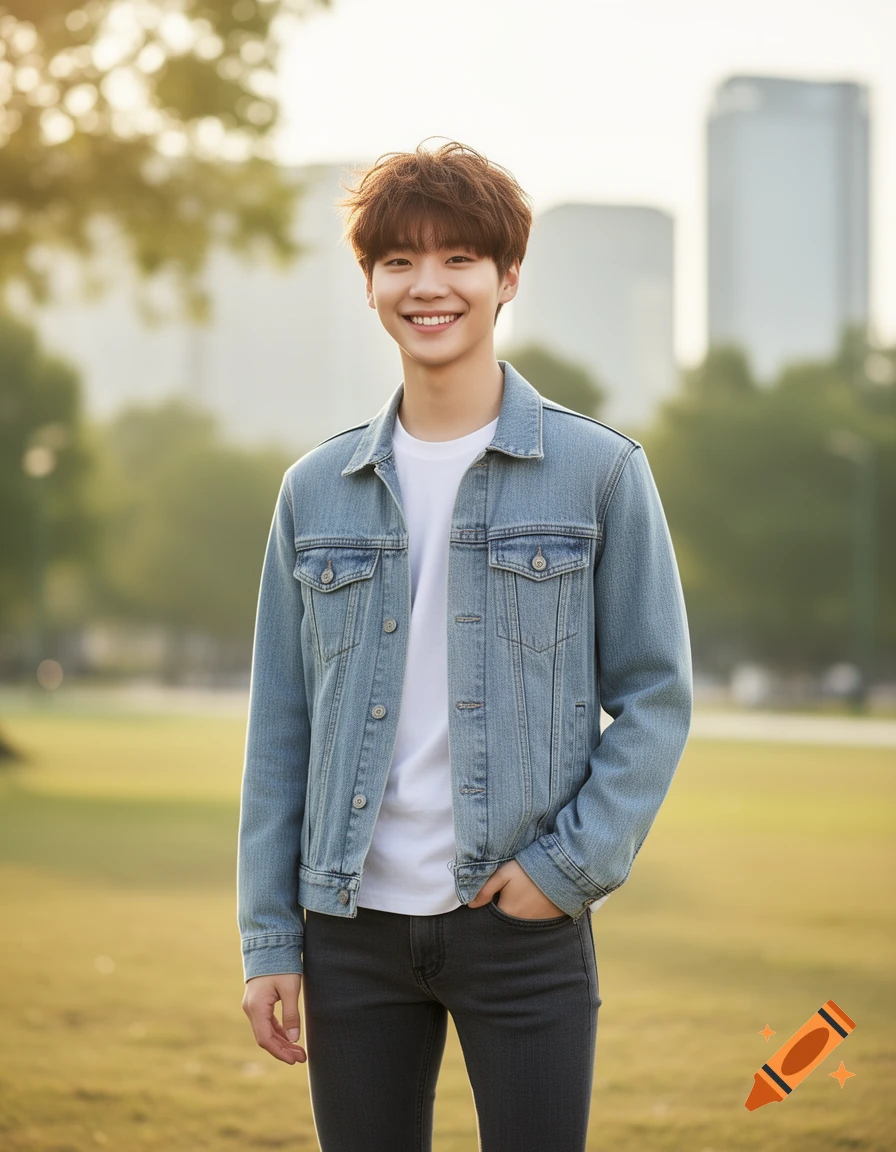 A smiling young man with brown hair, wearing a light blue denim jacket and dark jeans, stands in a park.