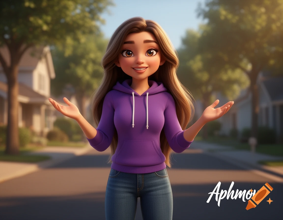 A 3D animated girl with long brown hair, wearing a purple hoodie and jeans, stands in a suburban street with her arms outstretched, smiling.