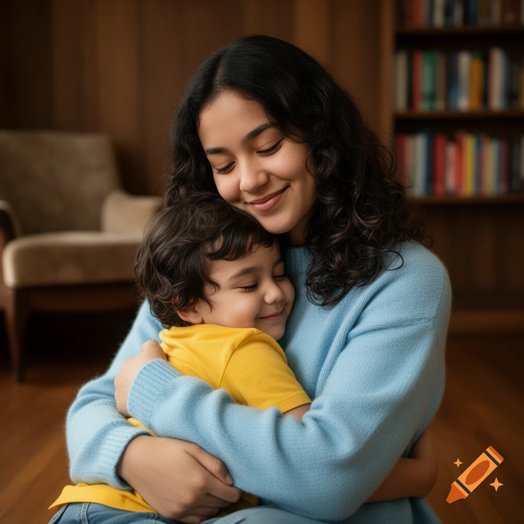 A photorealistic portrait of a smiling woman embracing a young child, both with closed eyes, in a cozy indoor setting.