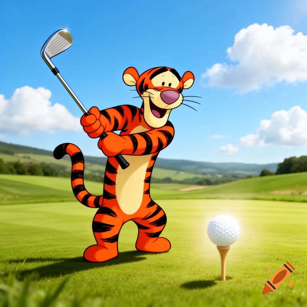Cartoon Tigger swings a golf club on a sunny green golf course with a golf ball on a tee.