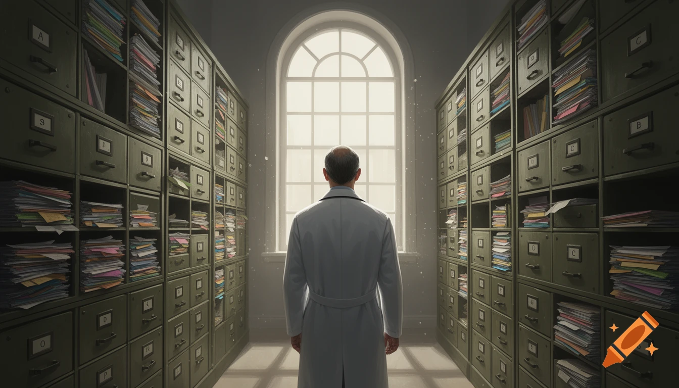 A man in a lab coat stands facing a large arched window in a vast, dark archive room filled with olive-green file cabinets.