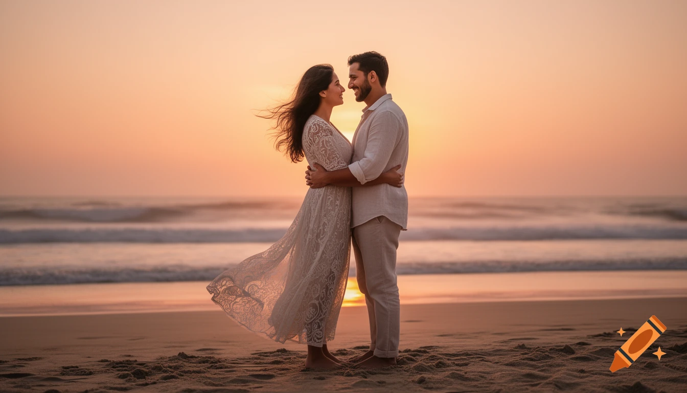 Photorealistic loving couple embracing on a sandy beach at sunset, looking at each other with ocean waves in background.
