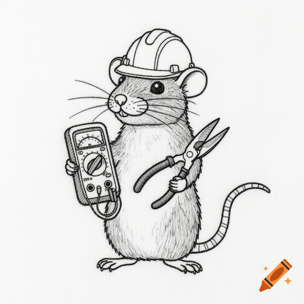A pencil line drawing of a rat in a white hard hat, holding a multimeter and cutters.