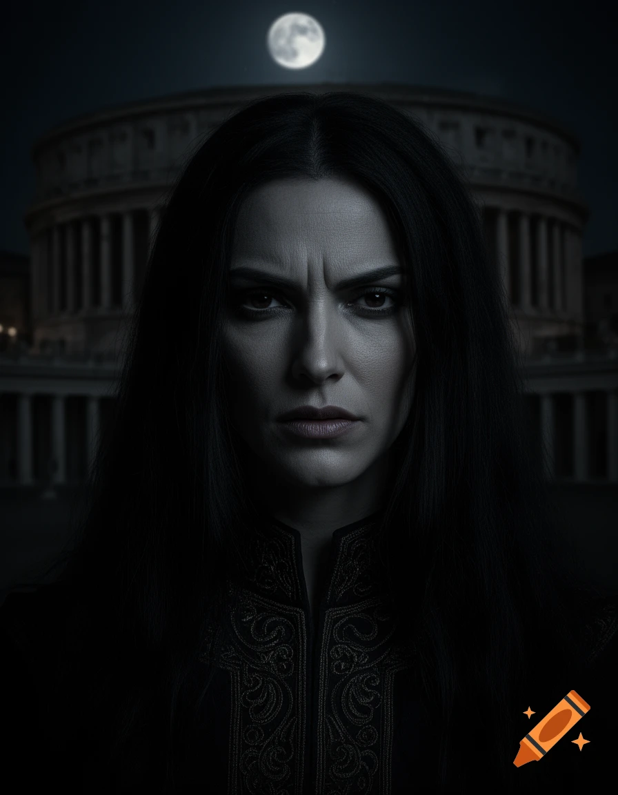 Photorealistic portrait of a dark-haired woman with a serious expression, against a classical building and full moon at night.