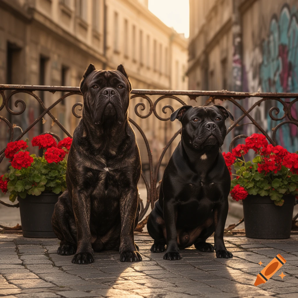 Two dark-furred dogs, a brindle Cane Corso and a black Staffordshire-type, sit on a cobblestone street with red flowers and a decorative railing in an urban setting at sunset.