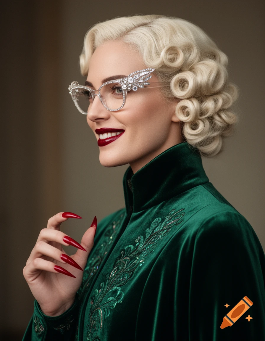 A photorealistic portrait of an elegant woman with blonde vintage curls, rhinestone glasses, deep red lips and long red talon nails, wearing an emerald-green velvet coat.