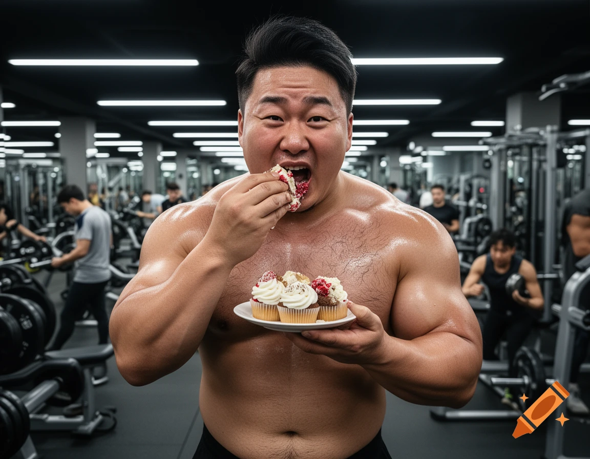 A muscular, shirtless man messily eats a cupcake with a guilty expression in a crowded gym.