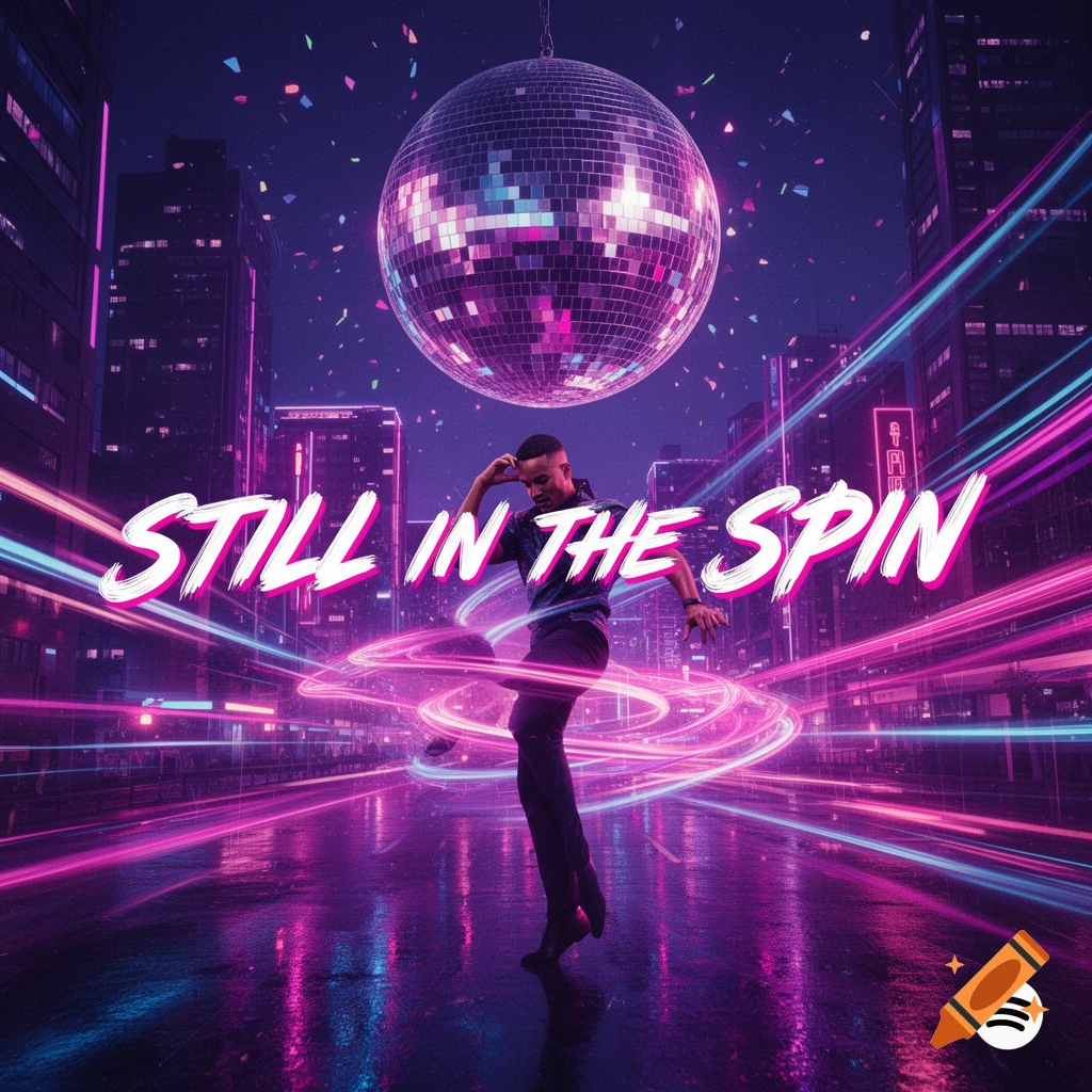 A male dancer in a neon-lit cyberpunk city at night under a giant disco ball, with the text 'STILL IN THE SPIN'.