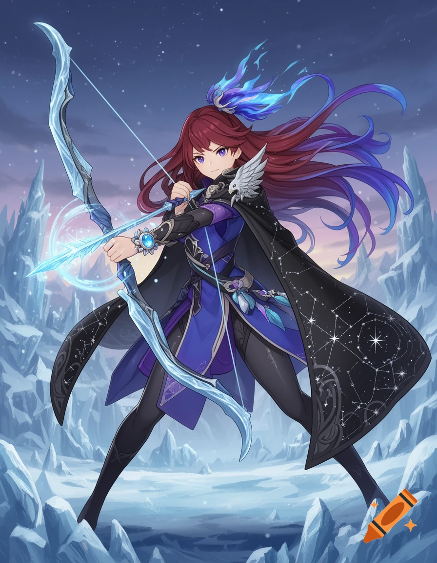 An anime-style female archer with long red and purple hair, wearing a blue outfit and a black cape with star patterns, holding an icy bow and arrow in a snowy landscape.