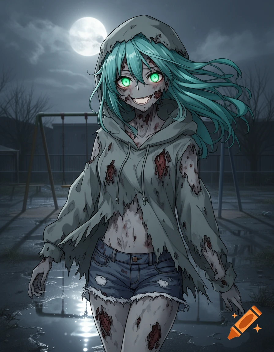 Anime zombie girl with glowing green eyes and teal hair, wearing torn clothes, stands in a dark playground under a full moon.