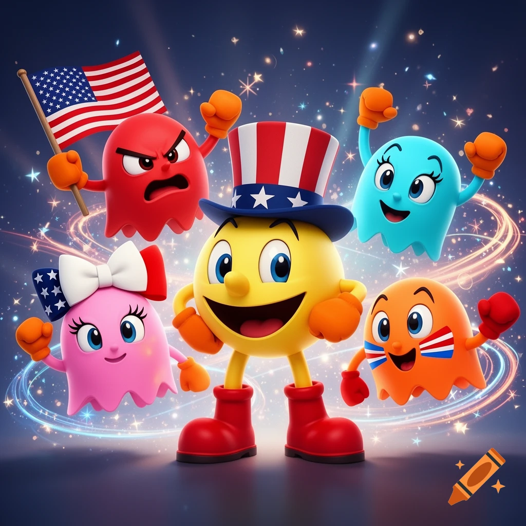 Pac-Man in an Uncle Sam hat with four ghosts celebrating, one holding an American flag, against a sparkling patriotic background.