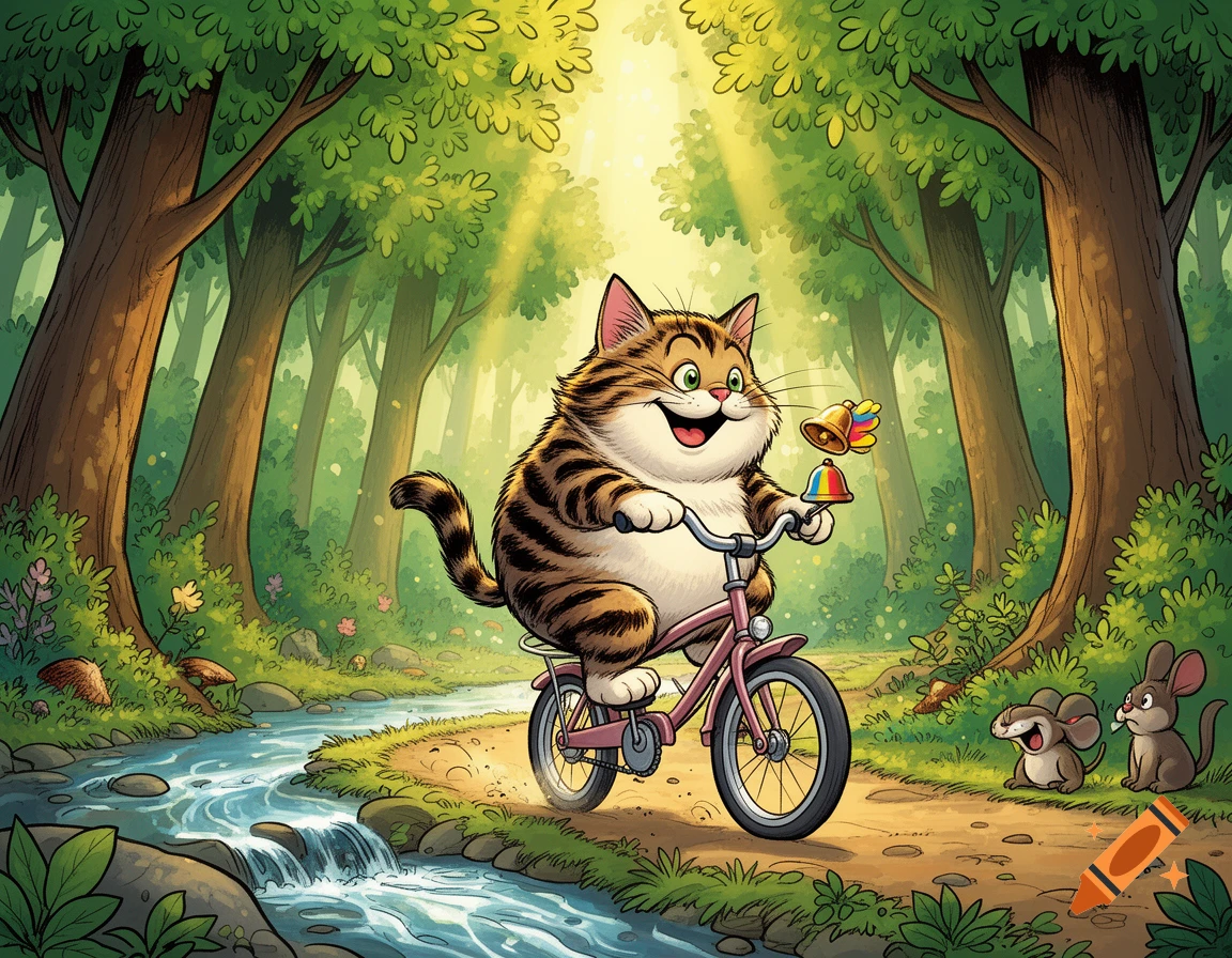 A cheerful cartoon cat rides a bicycle through a sunny forest path, with two mice watching from the side.