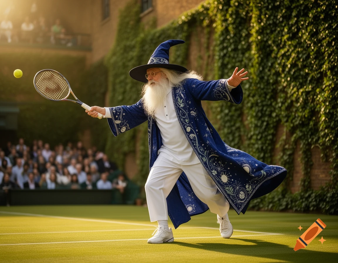 A wizard in a blue robe and hat plays tennis on a grass court at Wimbledon, racket mid-swing.