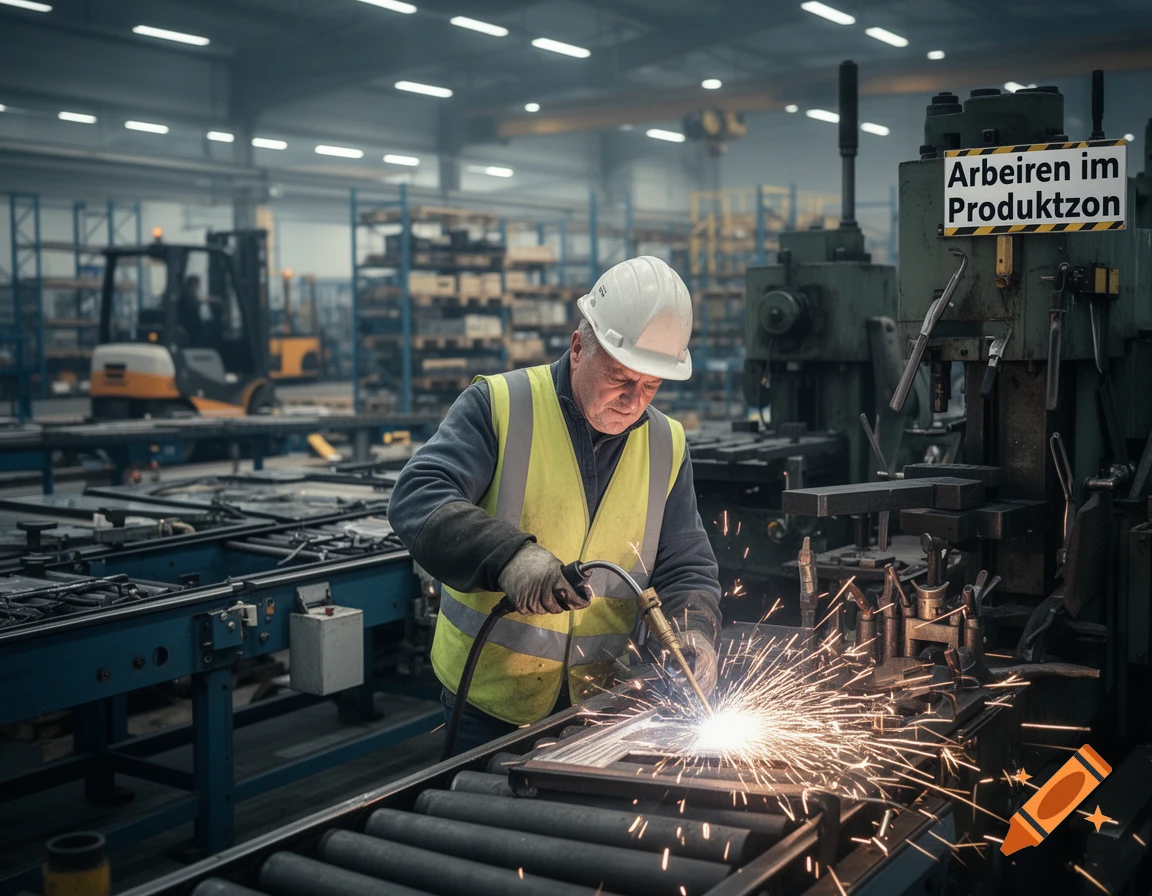 A male worker in a white hard hat and yellow high-vis vest welds metal, creating sparks, in a busy factory setting.