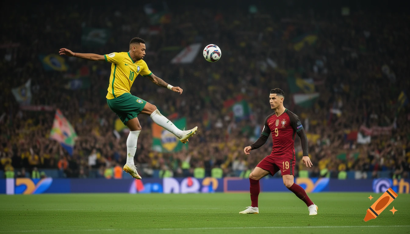 Neymar in a yellow jersey jumps to kick a soccer ball over Ronaldo in a red jersey on a stadium field.