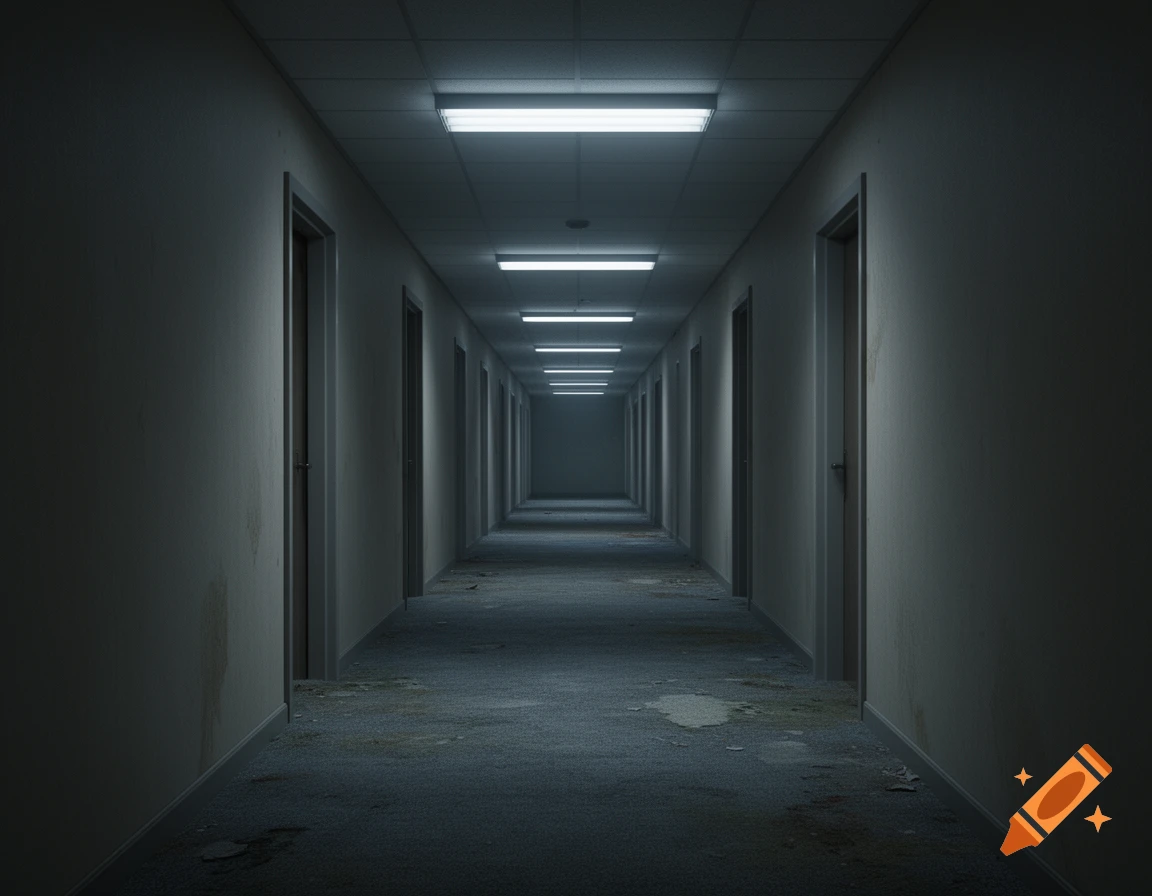 A long, dark, and eerie hallway with fluorescent lights on the ceiling and dirty carpet, stretching into the distance.