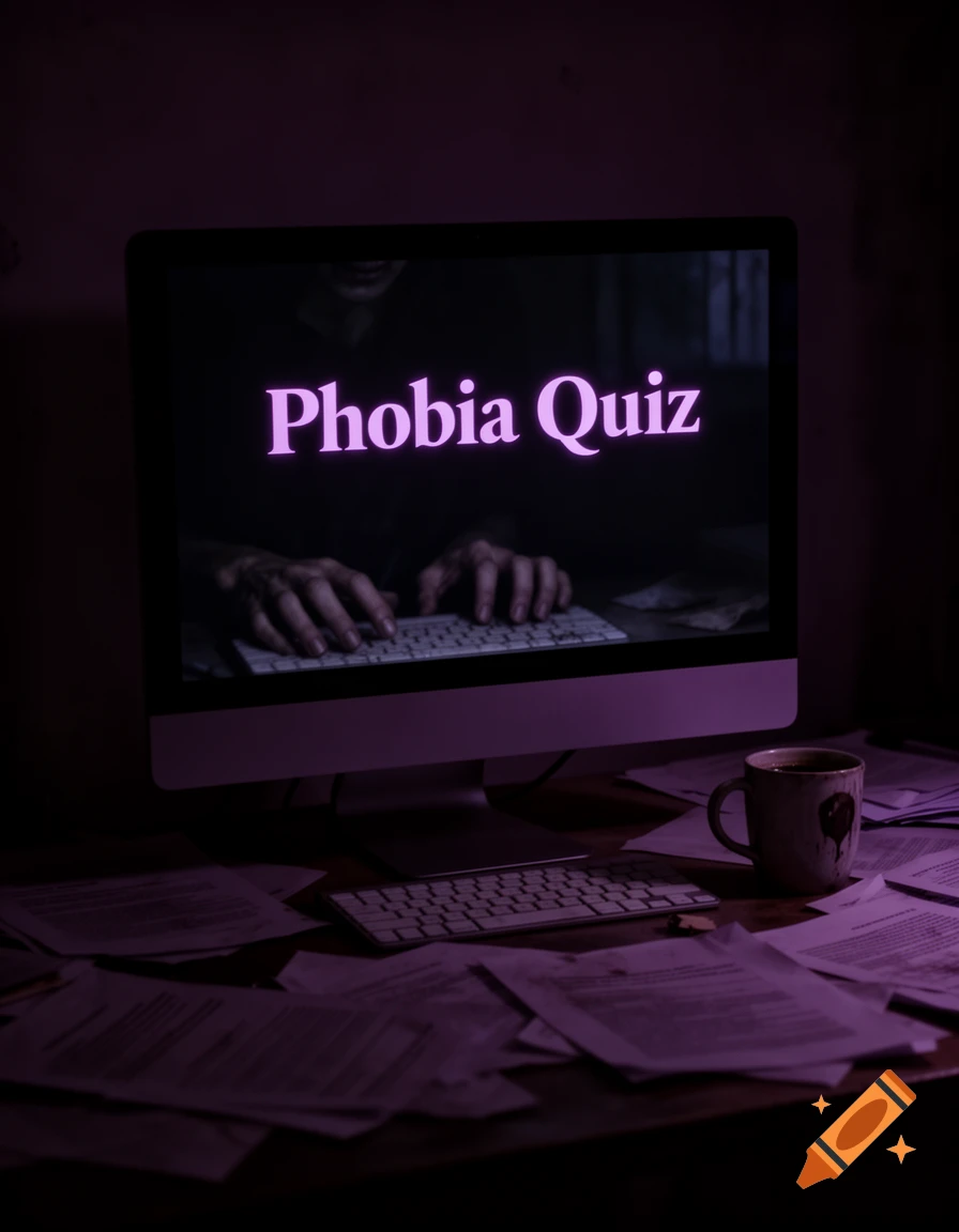 A person's hands type on a keyboard in a dark, purple-lit room. The computer screen displays 'Phobia Quiz'. Papers and a coffee cup clutter the desk.