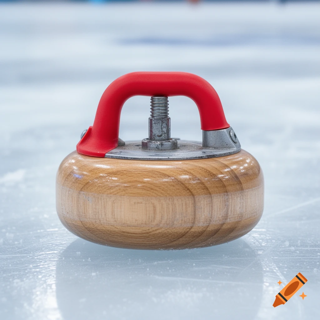 A close-up shot of a curling stone with a red handle sitting on a textured ice rink.