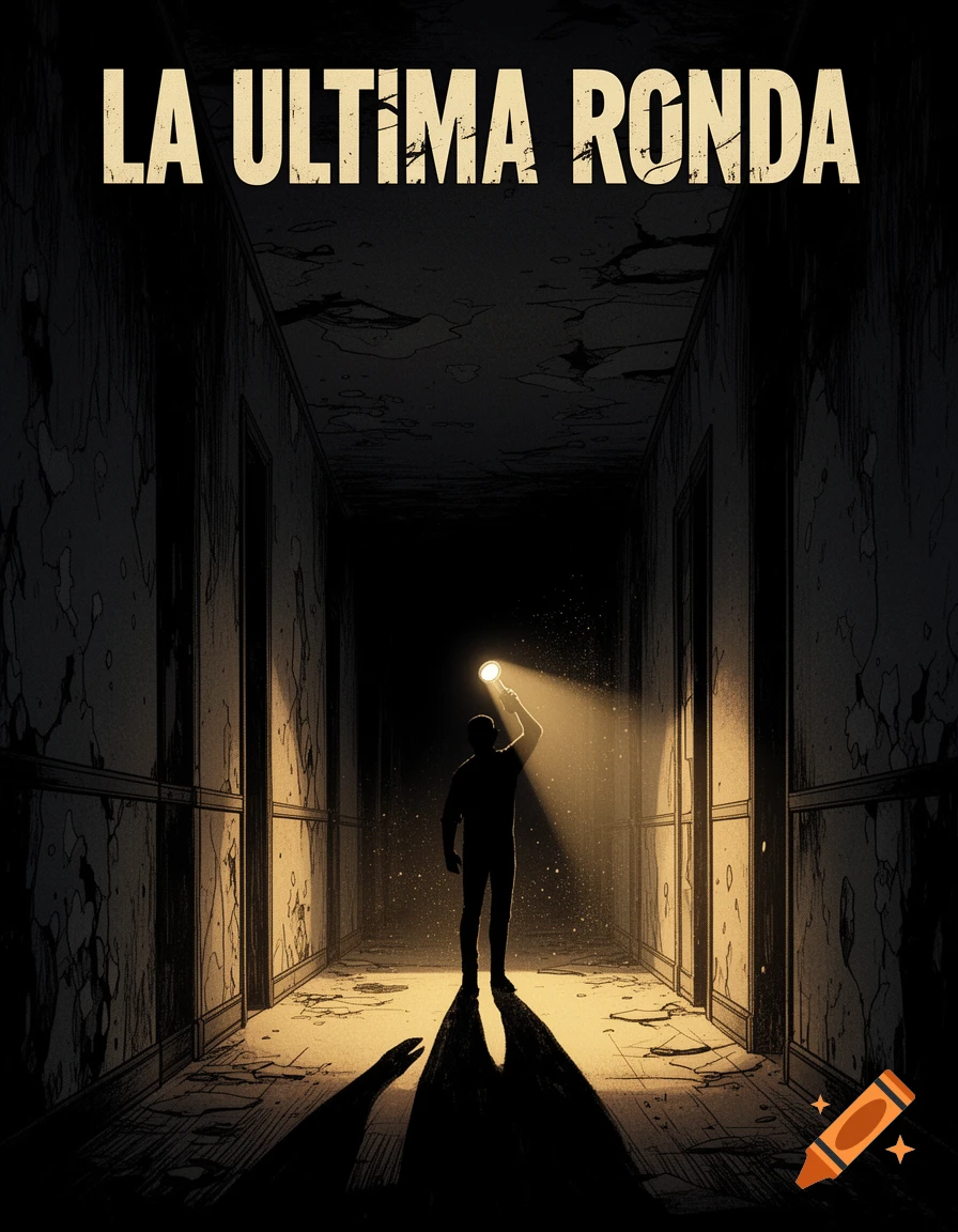 Comic art of a person holding a flashlight in a dark, derelict corridor, with the title 'LA ULTIMA RONDA' above.