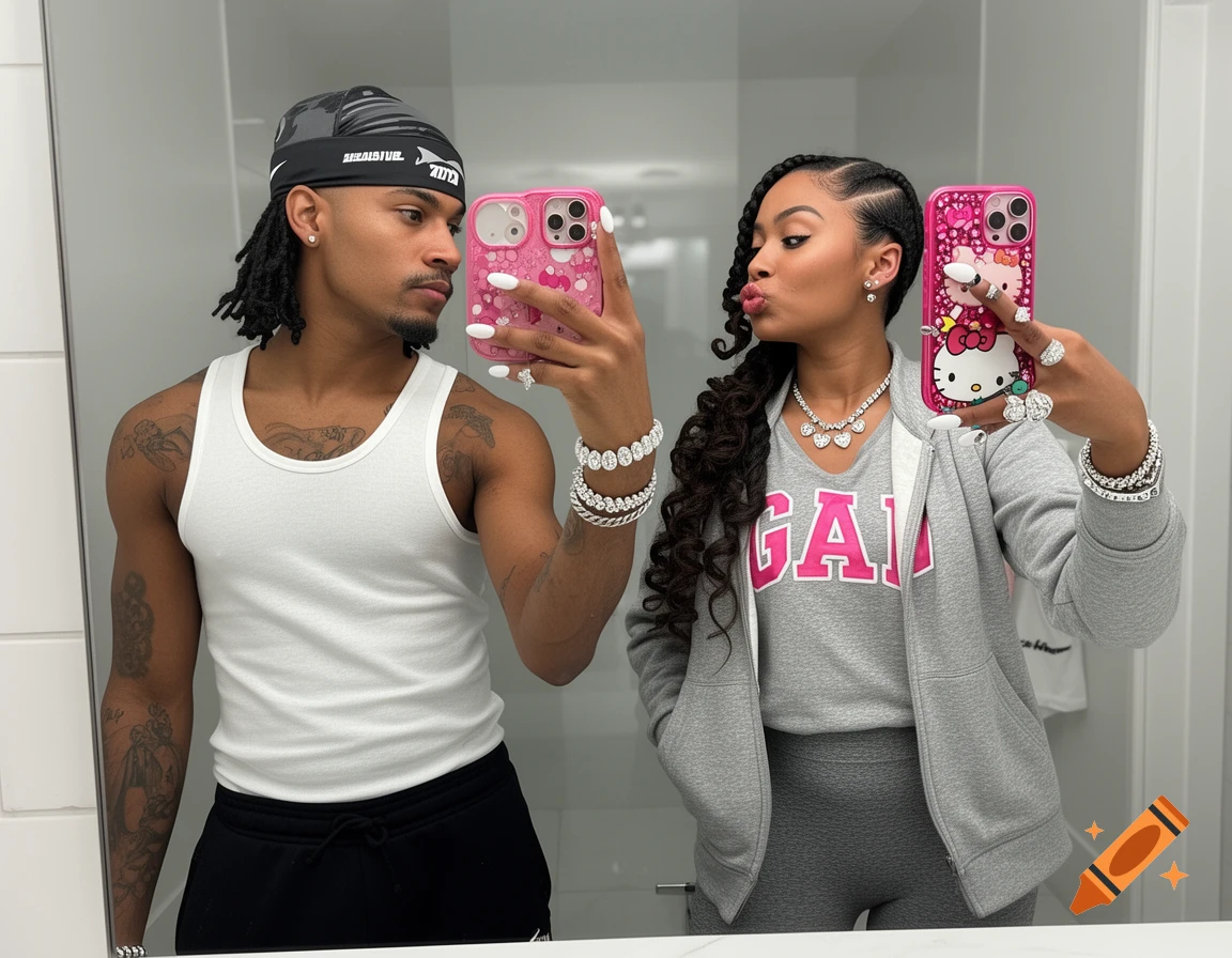 A man and woman take a mirror selfie. The man wears a white tank top and black durag, while the woman wears a gray GAP hoodie, gray leggings, and holds a pink Hello Kitty phone.