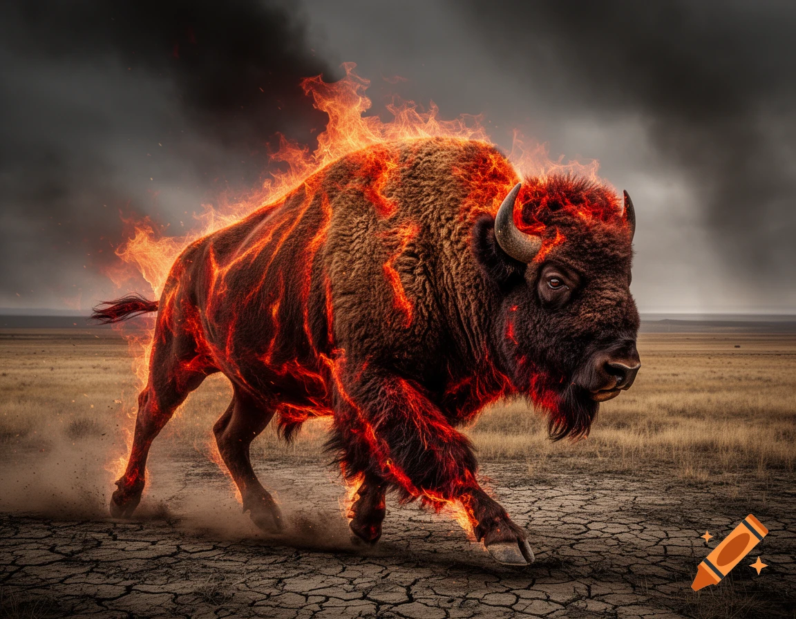 A majestic bison, covered in glowing cracks and flames, charges across a dry, cracked desert landscape under a stormy sky.