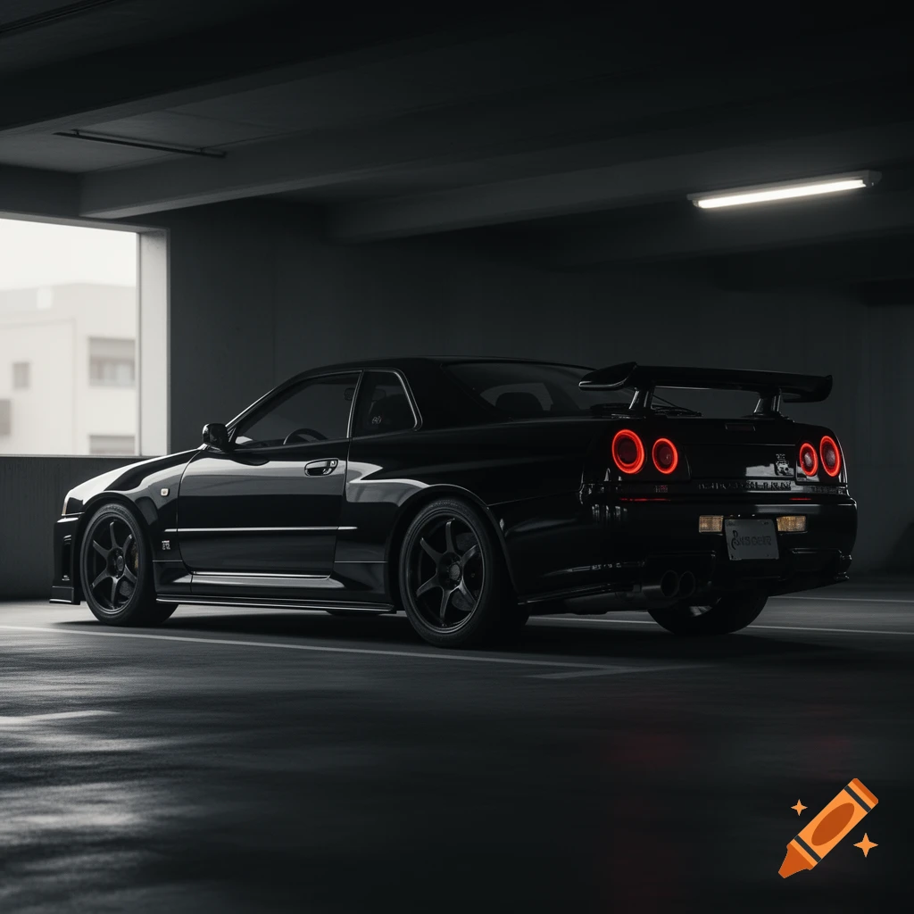 A sleek black R34 GTR sports car parked in a dark garage, with its red taillights glowing. Photorealistic style.