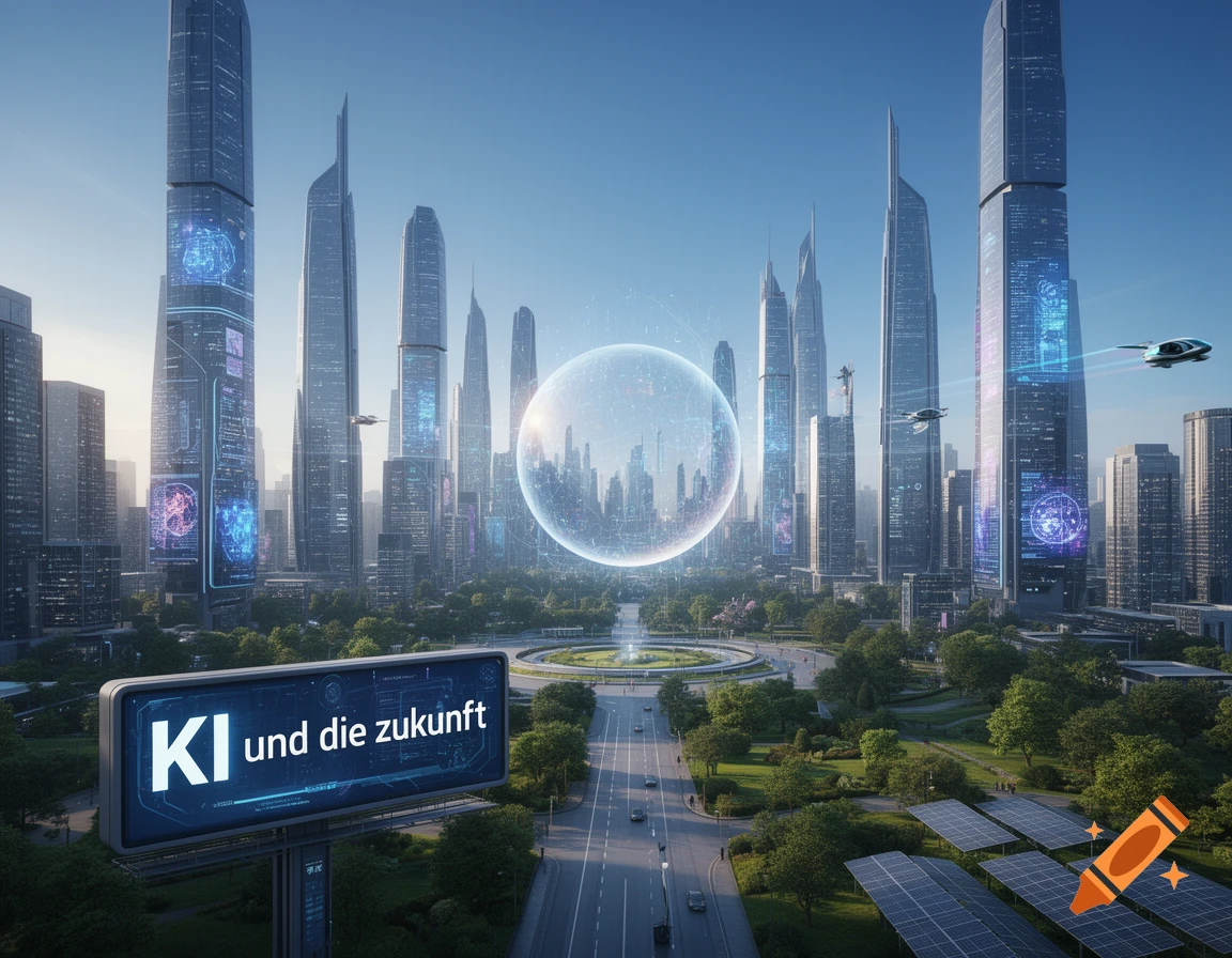 A futuristic city with towering skyscrapers, flying vehicles, green spaces, and a billboard displaying 'KI und die zukunft'.