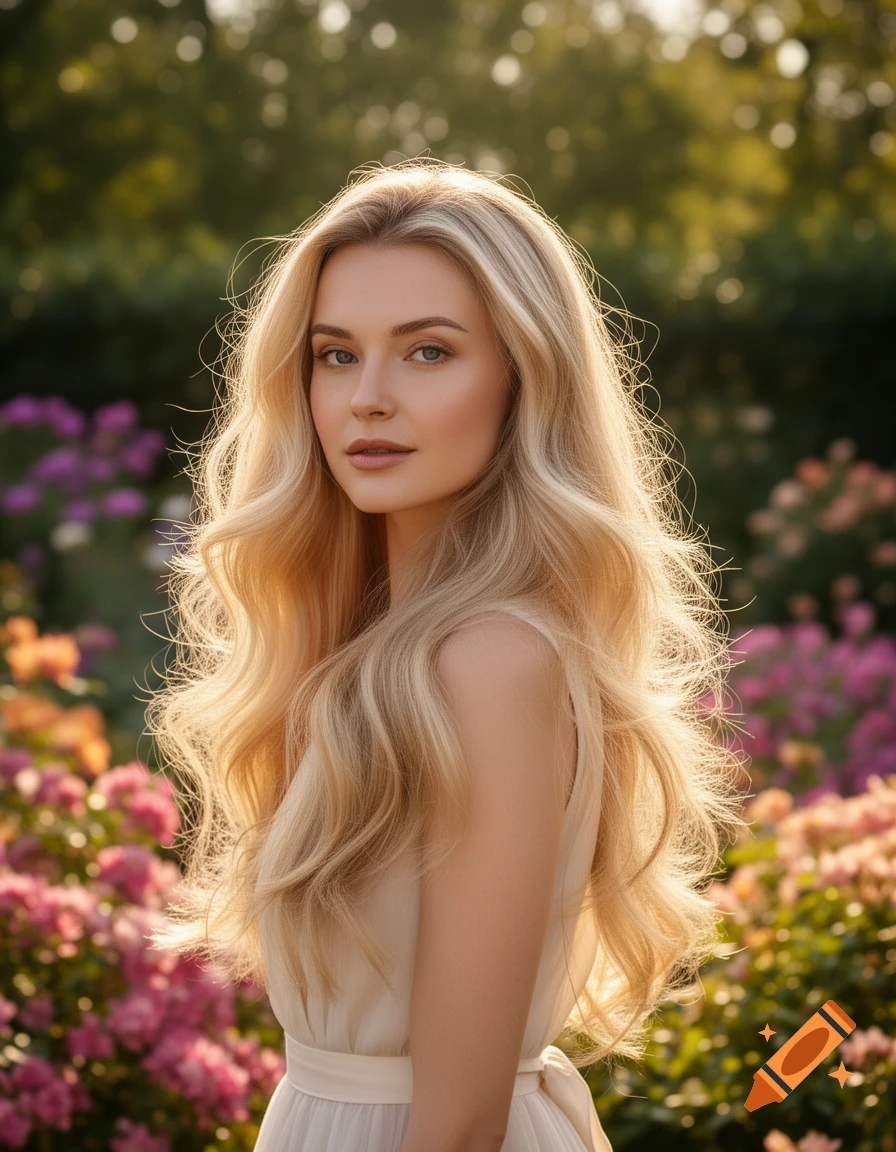 Photorealistic portrait of a young blonde woman with wavy hair, looking at the viewer, in a sunlit garden with colorful flowers.