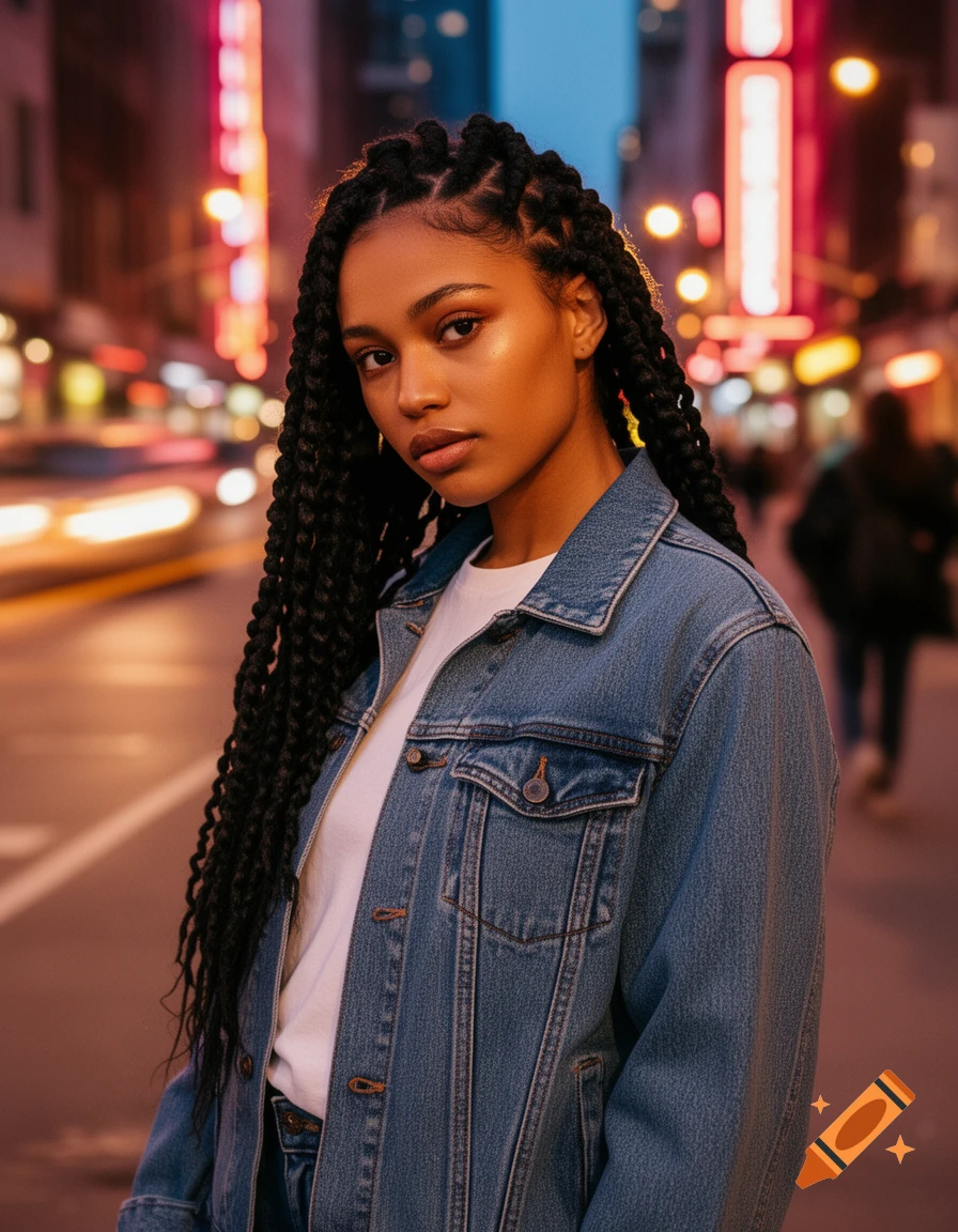 Photorealistic portrait of a young woman with braided dreadlocks and a denim jacket, standing on a city street at night with blurred neon lights.