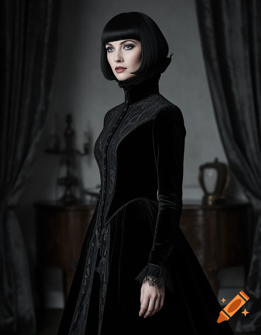 A photorealistic portrait of a woman with a black bob haircut, wearing a black gothic dress with a high collar.