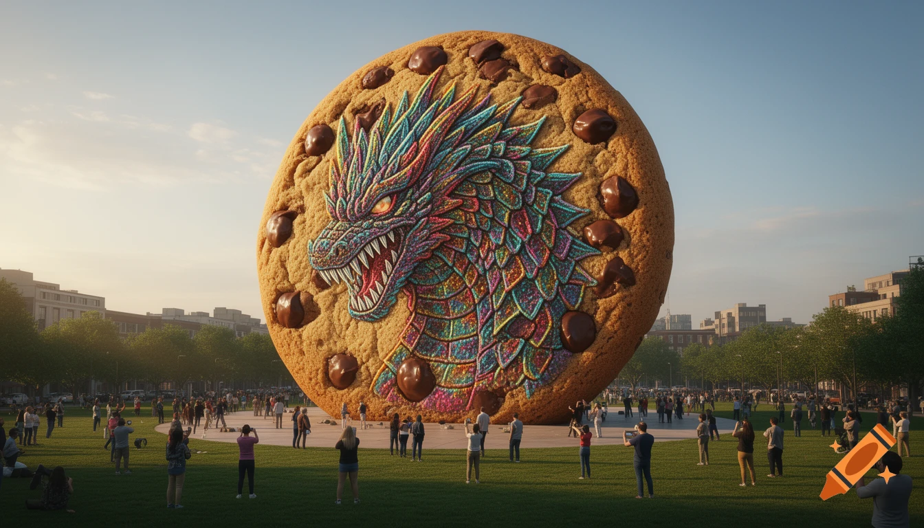 A giant chocolate chip cookie with a vibrant, colorful dragon design stands upright in a sunny park with many people.