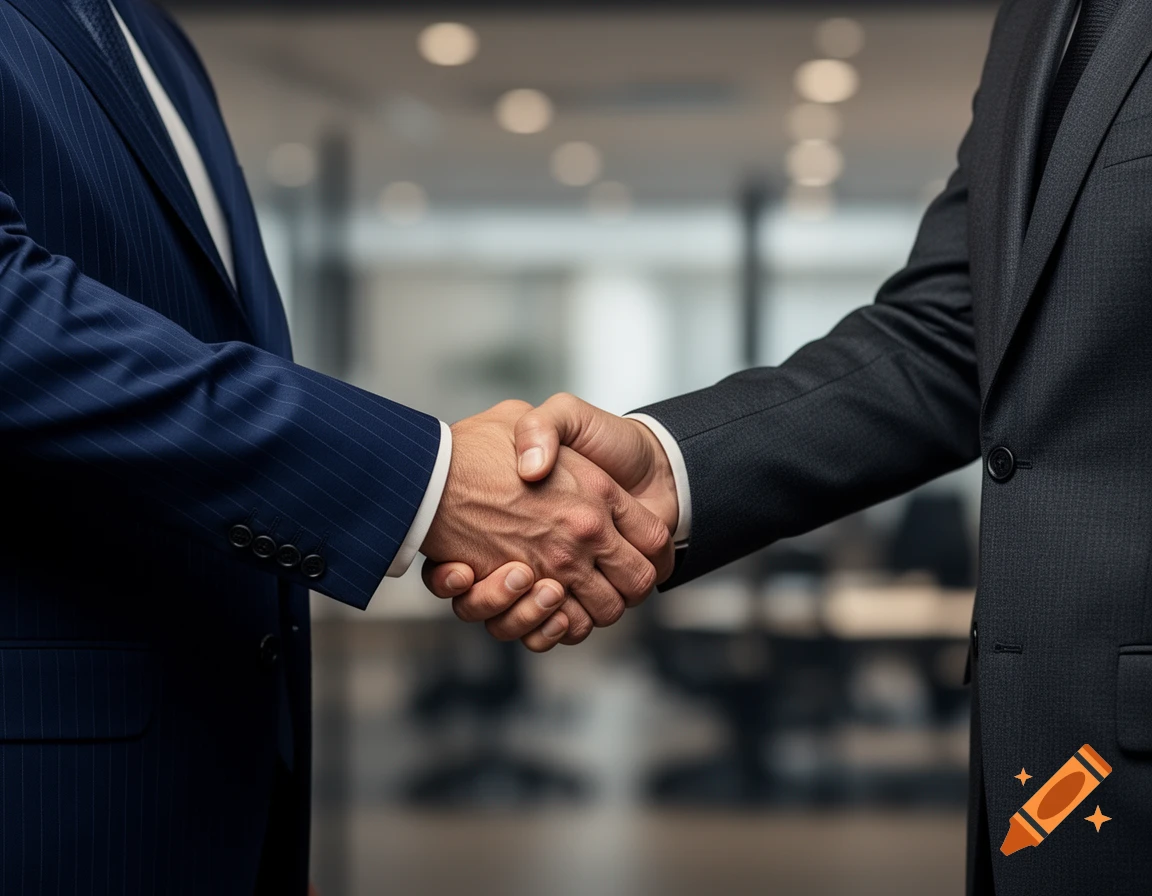Two businessmen in suits shaking hands in a corporate setting, photorealistic style.