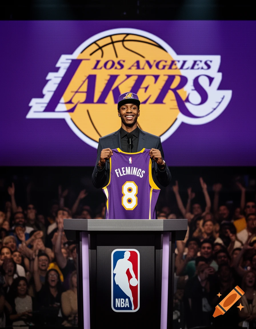 A man in a suit and Lakers cap stands at a podium, holding up a purple Lakers jersey with 'FLEMINGS' and '8' on it. A large Lakers logo is behind him, with a cheering crowd in the background.