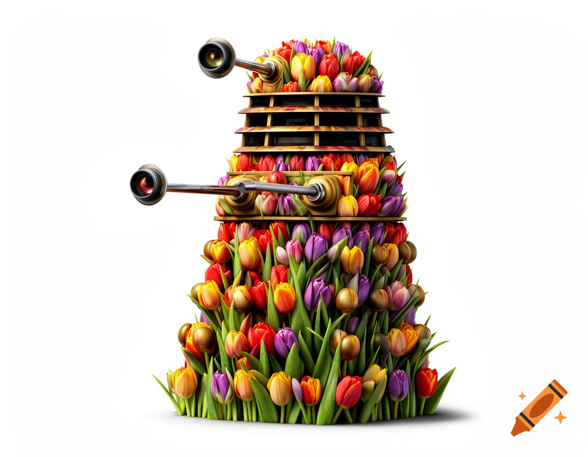 A Dalek from Doctor Who, formed entirely from a vibrant array of red, orange, yellow, and purple tulips, against a white background.