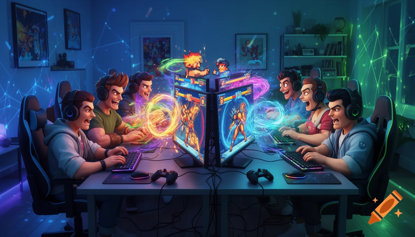 Six cartoon men intensely playing a fighting video game on glowing monitors in a dark room, connected by network lines.