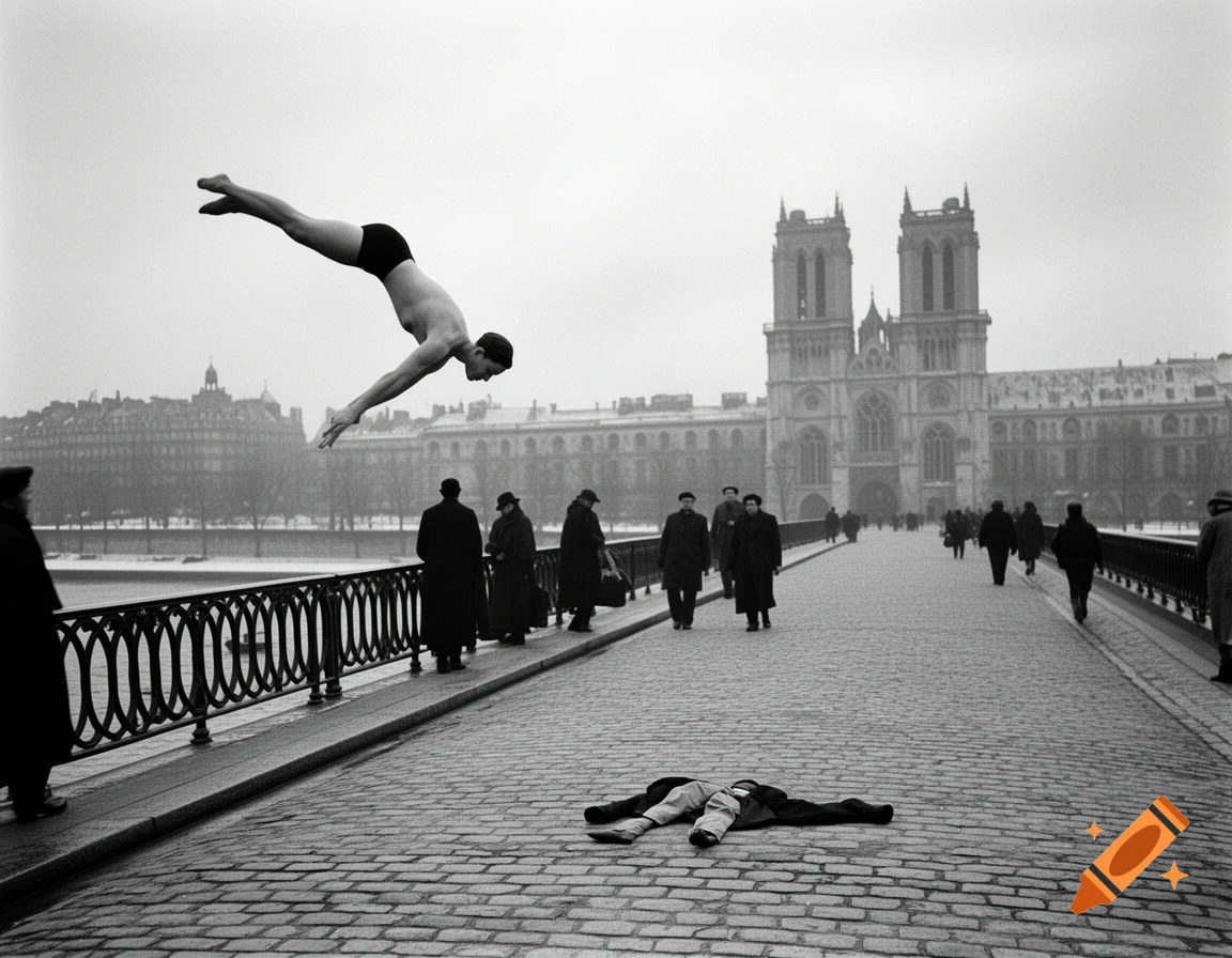 Black and white photo of a man diving from a bridge in Paris, with people walking and historic buildings in the snowy background.