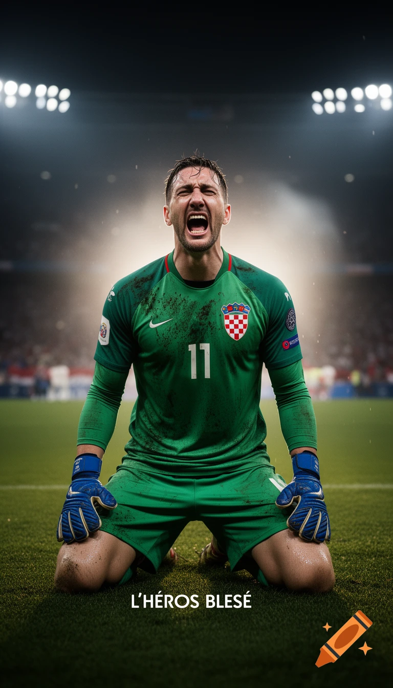 Croatian soccer goalkeeper on his knees, screaming dramatically on a field at night, illuminated by stadium lights. Photorealistic style.