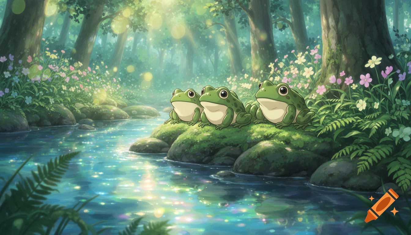 Three chubby green frogs sit on mossy rocks by a sparkling forest stream in a beautiful Studio Ghibli-style illustration.
